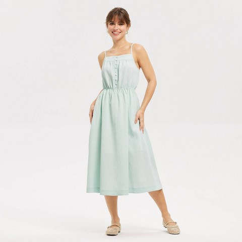 Женские платья Universal Thread Women's Button-Front Smocked Midi A-Line Dress - Universal Thread™ Mint Green Striped M