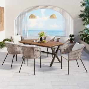 ModernLuxe 7pcs Patio Dining Sets, All-Weather Outdoor Furniture Set with Dining Table and Chairs, Acacia Wood Tabletop, Metal Frame - 1 of 4