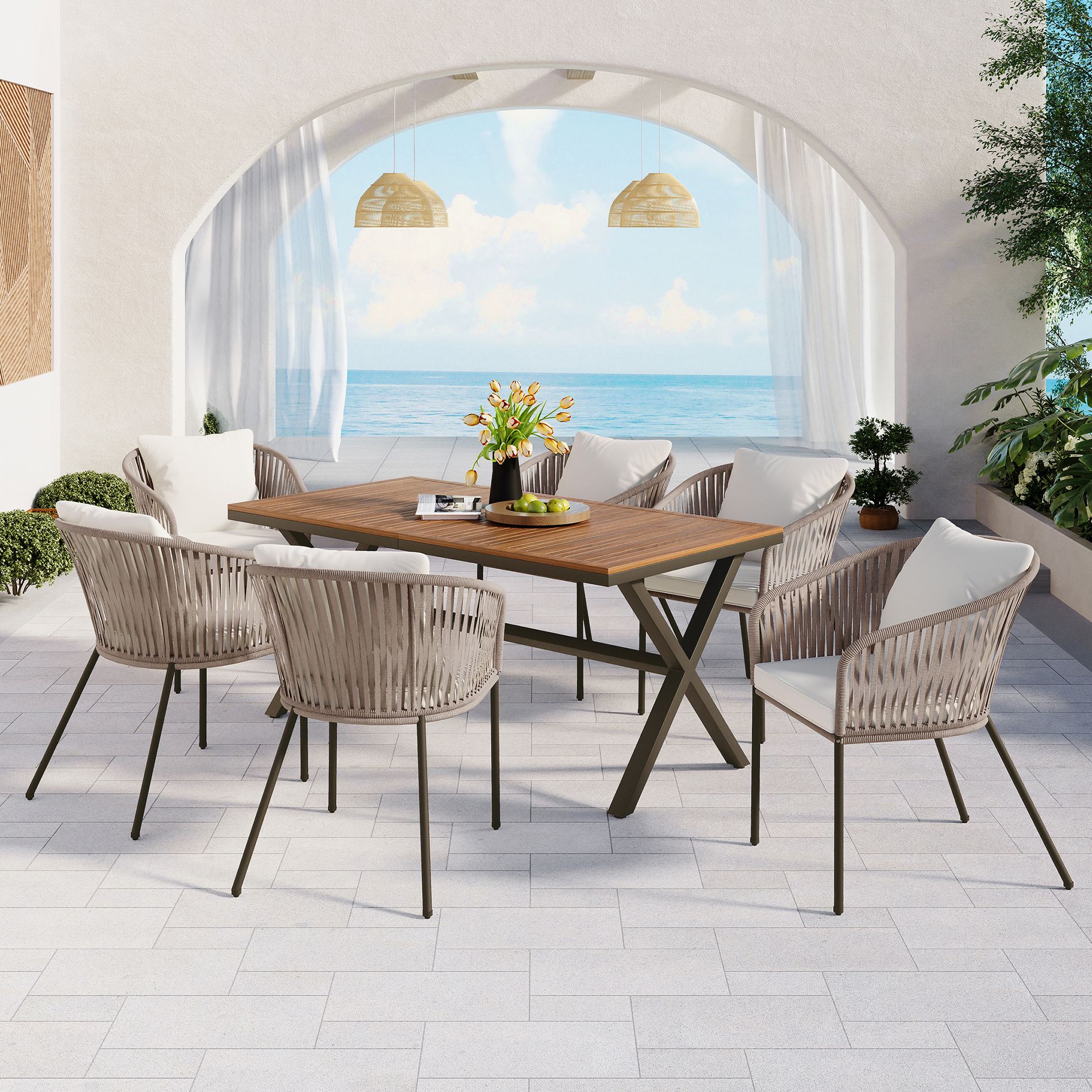 ModernLuxe 7pcs Patio Dining Sets, All-Weather Outdoor Furniture Set with Dining Table and Chairs, Acacia Wood Tabletop, Metal Frame, Beige