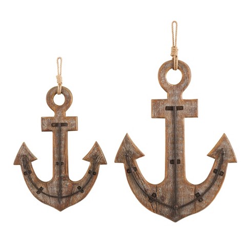 Set Of 2 Wood Anchor White Washed 4 Hanger Wall Hooks With Hanging