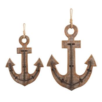 Set of 2 Wood Anchor White Washed 4 Hanger Wall Hooks with Hanging Rope and Bronze Metal Accents Brown - Olivia & May