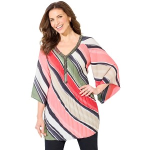 Catherines Women's Plus Size Bejeweled Pleated Blouse - 1 of 4