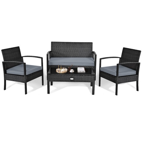 Tangkula 4pcs Rattan Wicker Outdoor Patio Conversation Set Cushioned