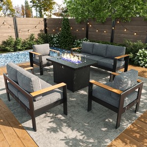 LayinSun 5 Pieces Aluminum Outdoor Patio Furniture Set with Fire Pit Table, Outside Metal Patio Conversation Sets with Deep Seating and Thick Cushions - 1 of 4