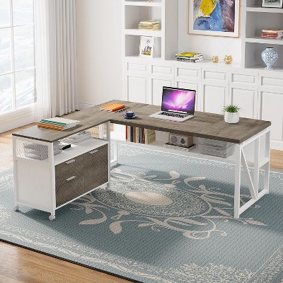 L-shaped desk with drawer and cabinet in white and wood finish