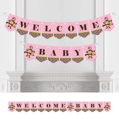 Big Dot of Happiness Pink Monkey Girl - Baby Shower Bunting Banner - Pink Party Decorations - Welcome Baby