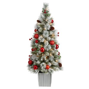 Nearly Natural 4' Winter Flocked Prelit LED Artificial Christmas Tree with Ornaments in Decorative Planter - 1 of 1