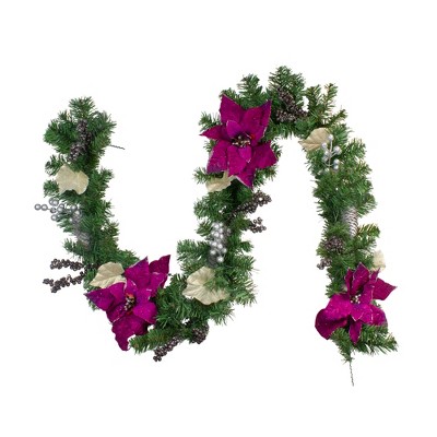 Northlight 6' x 10" Unlit Purple Poinsettia and Silver Pinecone Two-Tone Pine Christmas Garland