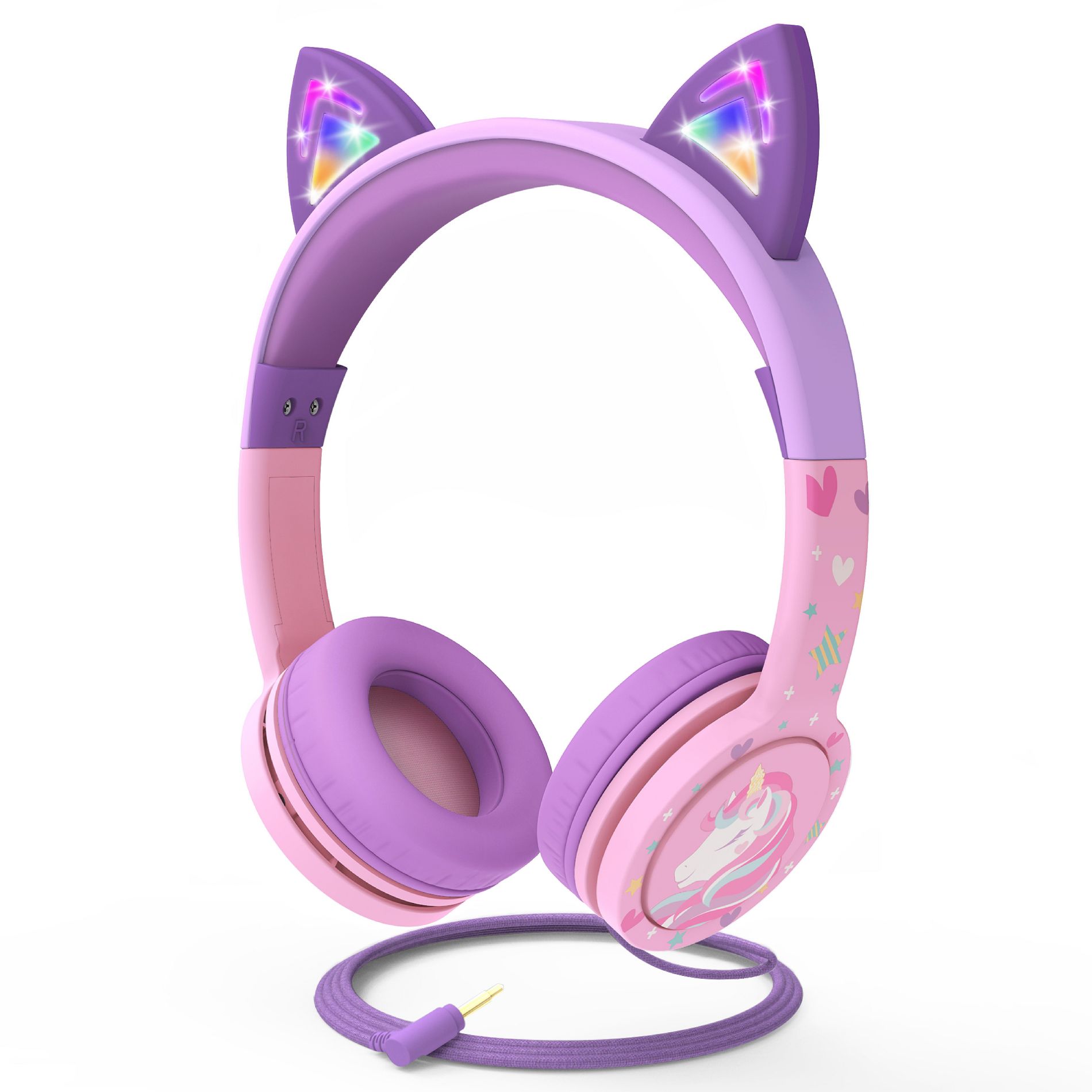 FosPower Kids Headphones Wired, Over Ear Headphones for Kids with Cord, Cat Headset with 3.5mm Jack & Light Up LED Cat Ears For School, Pink/Lavender