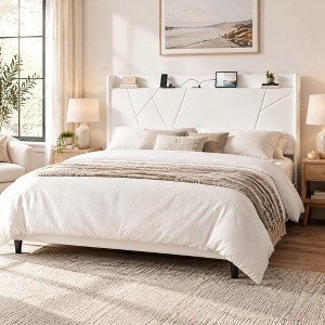 Full Size Upholstered Platform Bed Frame with Charging Headboard ...