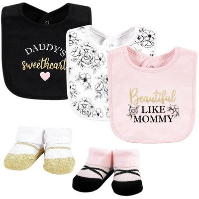 Image of Hudson Baby Infant Girl Cotton Bib and Sock Set, Mom Dad Toile, 0-9 Months
