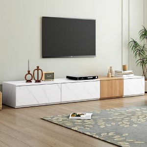 Chic Crate -​ 88" Faux Marble & Walnut TV Stand - Modular Media Console w/ 4 Drawers - Modern Living Room - Alabaster White - 1 of 4