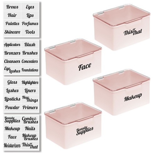 mDesign Stackable Plastic Bathroom Organizer Box, 4 Pack + 32 Labels - Pink