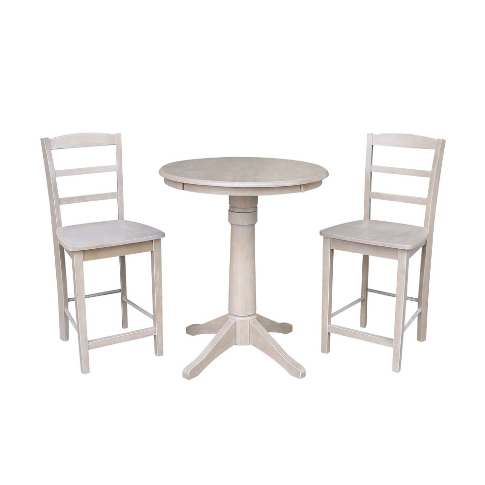 3pc 30x30 Solid Wood Round Pedestal Counter Height Table and 2 Madrid Stools Washed Gray Taupe - International Concepts was $769.99 now $577.49 (25.0% off)
