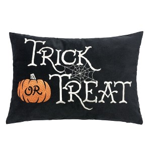 Gulches Halloween Lumbar Pillow "Trick or Treat" ¨C Embroidered Black Cushion with Insert, Spooky Spider Accents - 1 of 4