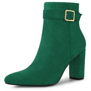 Allegra K Women's Pointed Toe Buckle Decor Heel Ankle Boots - 1 of 4
