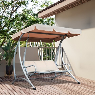 Beige Steel Frame 3-Person Outdoor Patio Swing with Adjustable Canopy