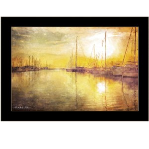 HomeRoots Yellow Sunset Boats In Marina Black Framed Print Wall Art - 1 of 4