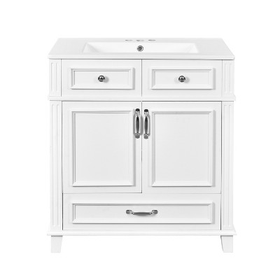 Vynxaria 30 inch Ultra White Retro Single Sink Freestanding Bath Vanity with White Ceramic Top One Silent Glide Drawer Two Soft Close Doors