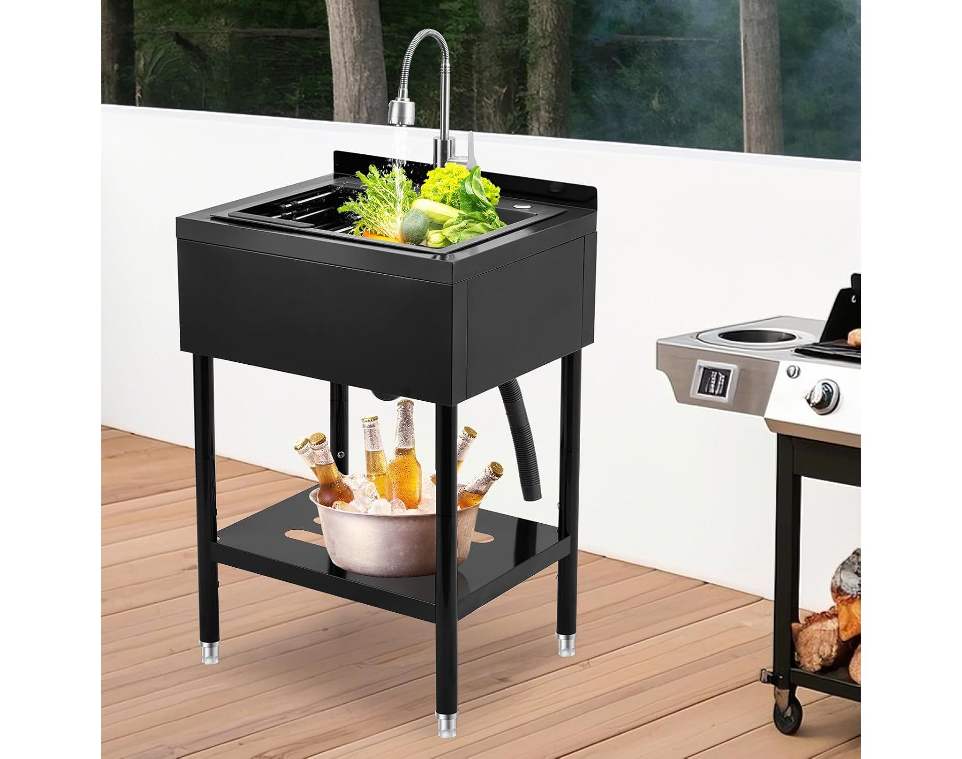 Stainless Steel Utility Sink, Includes Hot/Cold Faucet with Hoses & Drain Kit, Adjustable Legs for Kitchen, Garage, Outdoor Use