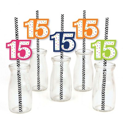 Big Dot of Happiness 15th Birthday - Cheerful Happy Birthday - Paper Straw Decor - Colorful Fifteenth Birthday Striped Decorative Straws - Set of 24