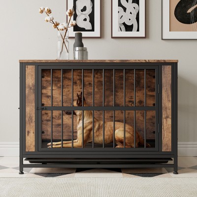 38" Wooden Dog Crate Furniture with 2 Sliding Doors,Pull Out Tray And Iron Frame,Indoor Dog Kennel Table for Large And Medium Dogs–LAOTIES