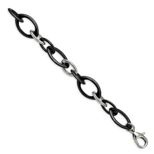 Black Bow Jewelry 20mm Stainless Steel & Black Ceramic Oval Chain Link Bracelet, 8 Inch - 1 of 4