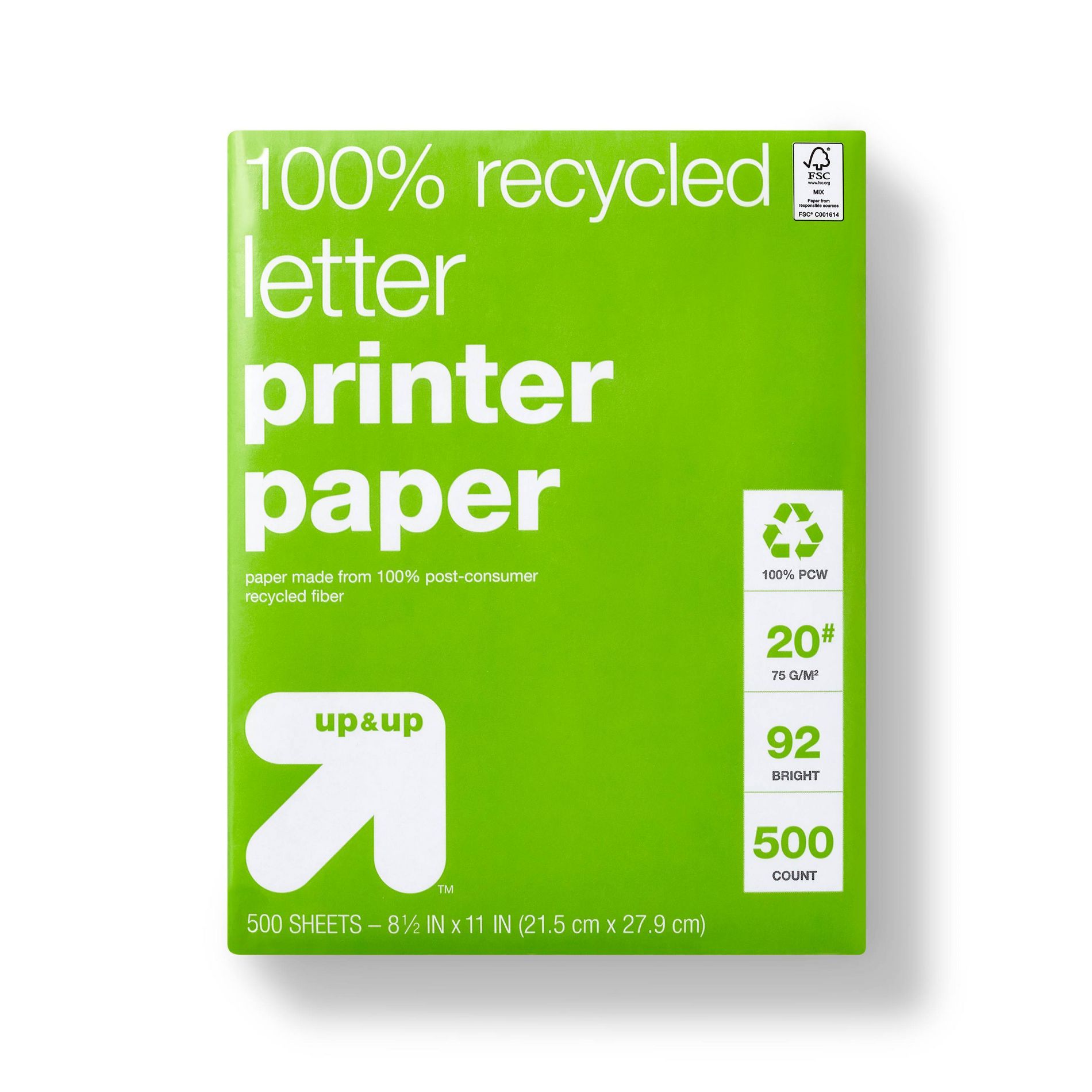 500ct 100% Recycled Letter Printer Paper White - up&up™: 8.5x11 Inches, 20 lb, 92 Brightness, Recyclable Printing
