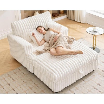 AMERLIFE 67" Oversized Chaise Lounge, Faux Fur Sofa with Storage Ottoman & 2 Pillows
