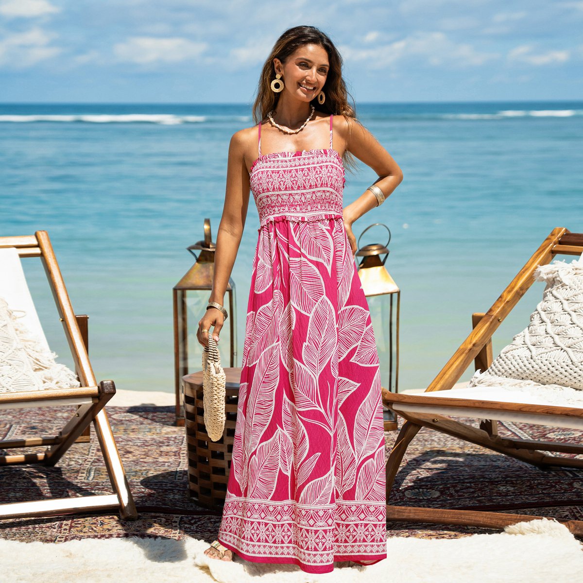 Женские платья Cupshe Women's Tropical Leaf Print Maxi Dress - Cupshe-M-Pink — фото 4