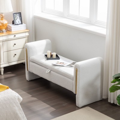 Velvet Fabric Storage Bench Bedroom Bench With Gold Metal Trim Strip For Living Room Bedroom Indoor,Light Gray