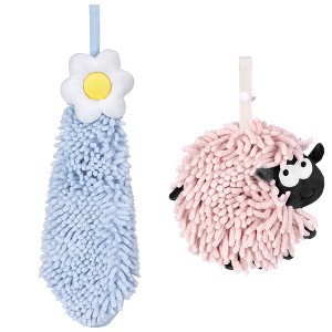 REGALWOVEN Flower and Sheep Shape Absorbent Fast Drying Chenille Hand Towels with Hanging Loop 6" x 15"/7" x 7" 2 Packs - 1 of 4