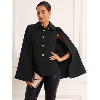 Allegra K Women's Turnover Collar Split Sleeve Button Front Casual Workwear Cape Jacket Black X-Small — фото 3