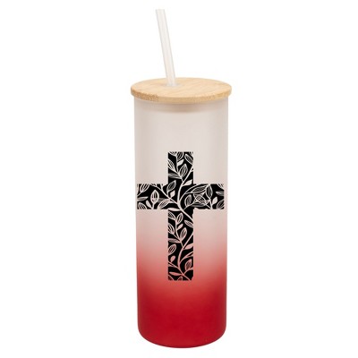 Elanze Designs Duo Floral Flower Faith Cross Wrap-Around Design 25 Ounce Frosted Gradient Glass On-The-Go Coffee Travel Skinny Tumbler Mug Cup, Bamboo