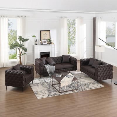 3 Pieces Living Room Sofa Loveseat Chair Set Modern Faux Leather Couch with Pillows -Morden Fort
