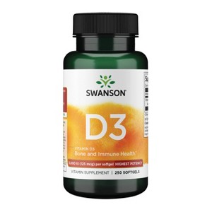 Swanson Vitamin D3 for bone, immune & muscle support (5000 IU / 125mcg, 250 softgels) - 1 of 4
