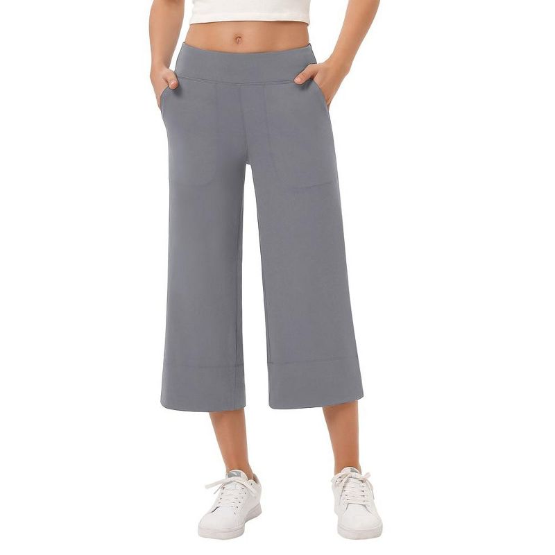 Wide Leg Capri Pants for Women Pull on Loose Lounge Yoga Workout Elastic Waist Cropped Pants with Pockets, 3 of 8