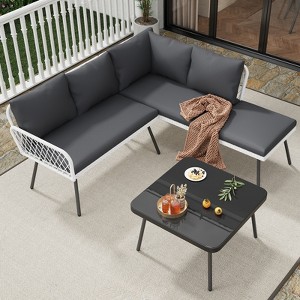 L-Shaped Patio Furniture Sets, Outdoor PE Wicker Conversation Set with Tempered Glass Coffee Table & Cushions (2 Loveseat ,1 Ottoman ,1 Coffee Table) - 1 of 4