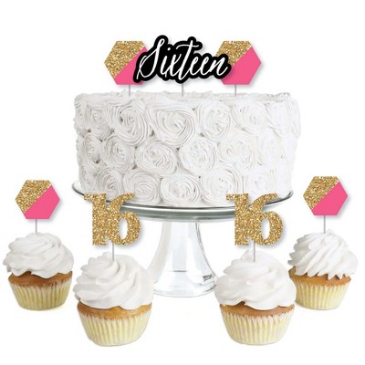 Big Dot of Happiness Chic 16th Birthday - Pink, Black and Gold - Dessert Cupcake Toppers - Birthday Party Clear Treat Picks - Set of 24