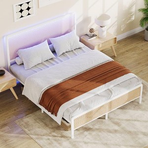 Whizmax Rattan Bed Frame with Led Light Headboard, Bohemian Style Cane Boho Bed Frames with Heavy Duty Steel Slat Support, No Box Spring Needed, White - 1 of 4
