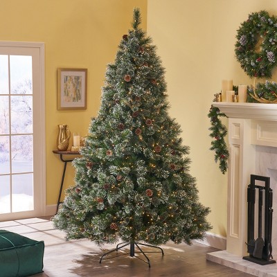 KWPZQEB 4.5FT Artificial Christmas Tree, Glitter Bristle Mixed Hinged Tree with Red Berry, Pine Cones for Indoor, Green