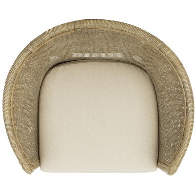 Transitional Whitewashed Rattan Armchair with Off-White Linen Cushion