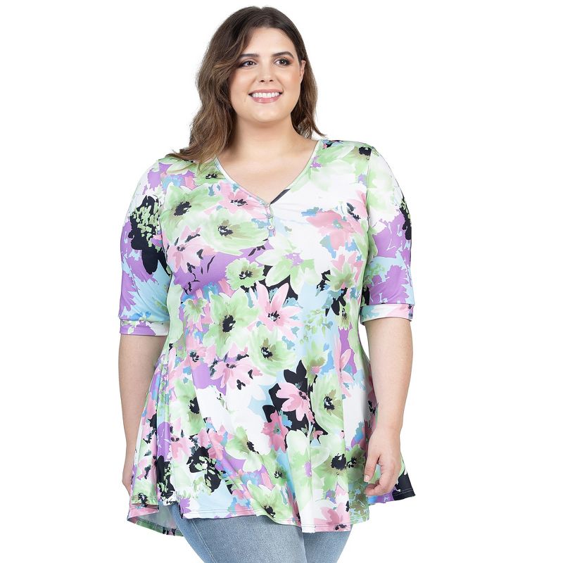 24seven Comfort Apparel Womens Pastel Color Floral Plus Size Elbow Sleeve V Neck Henley Tunic Top, 1 of 7