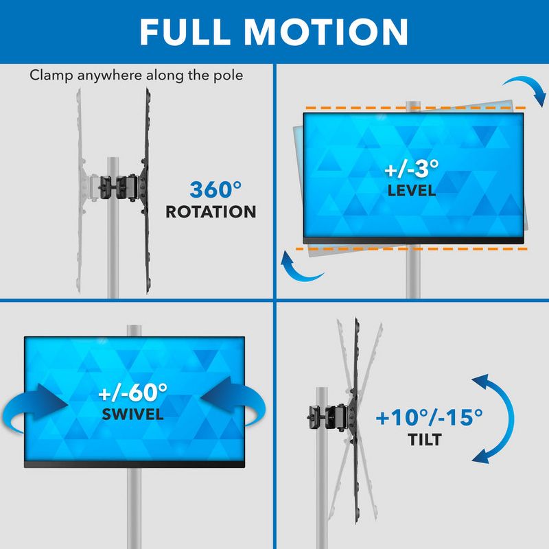 Mount-It! TV Pole Mount, Full Motion Bracket for TVs up to 55 Inches | VESA 200, 300, 400 Compatible | Clamp Mounting Base for Indoor and Outdoor Use, 4 of 9