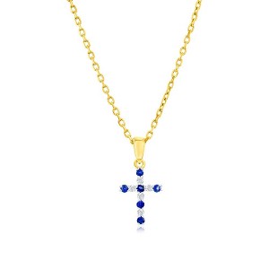 Classic Gold 14K Yellow Gold, 0.07ct Sapphire & 0.05ct Diamond 18" Cross Pendant Necklace  - (11 Stones) - Blue - 1 of 3