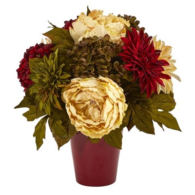 Nearly Natural 14-in Peony, Hydrangea And Dahlia Artificial Arrangement ...