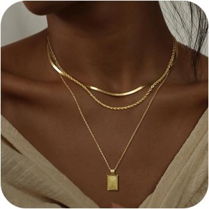 14K Gold Plated Layered Necklace Set – Stackable Silver Chain & Diamond Circle Pendant, Trendy Jewelry Gift - 1 of 4