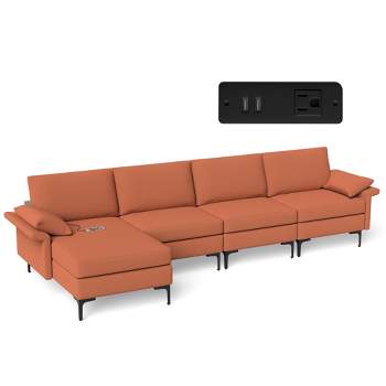 Costway Modern Modular L-shaped Sectional Sofa w/ Reversible Chaise & 2 USB Ports Red\Green