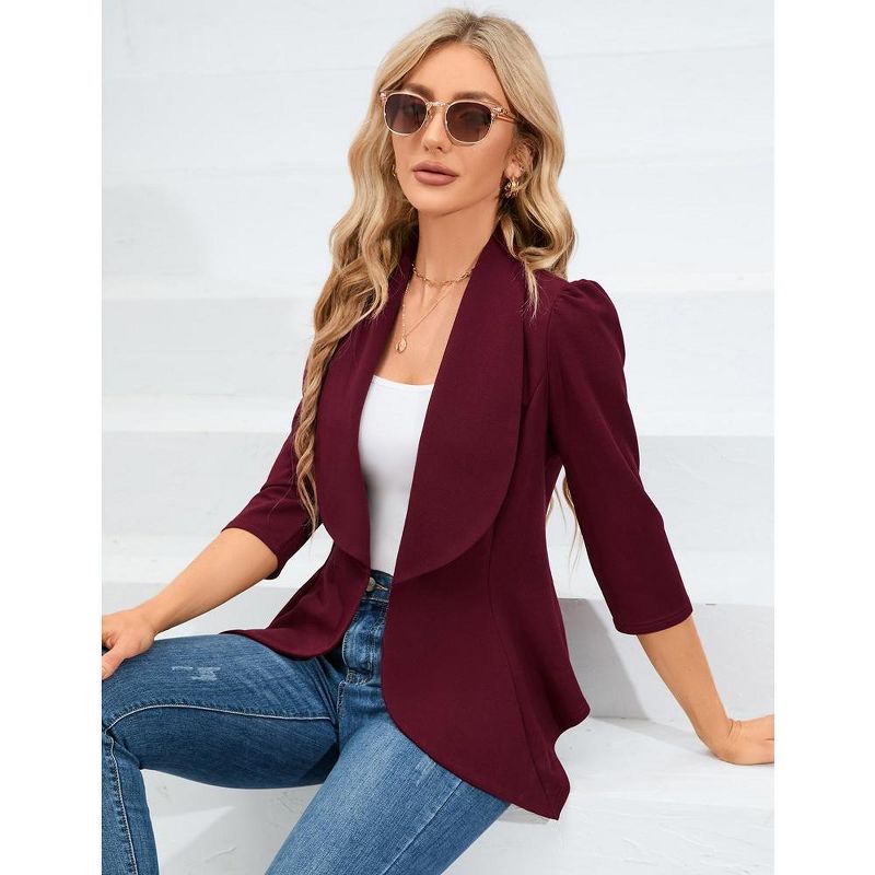 Womens Casual Blazer 3/4 Puff Sleeve Open Front Ruffle Work Office Cardigan Suit Jacket, 2 of 7