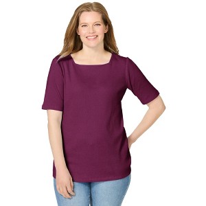 Woman Within Plus Size Ribbed Square Neck Elbow-Sleeve Tee - 1 of 4